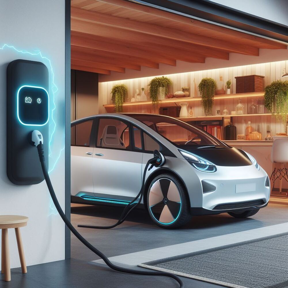 Electric car charging from a wall-mounted charging point in a home garage